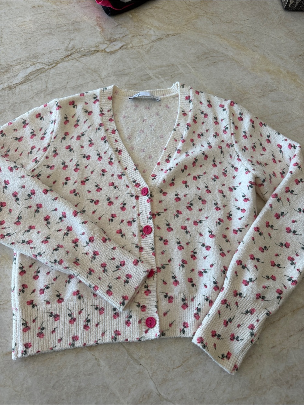 Zara Cream Cardigan with Pink Rose Print